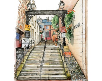 Market Brae Steps, Inverness print in mount, watercolour print, Scotland art, scottish townscape