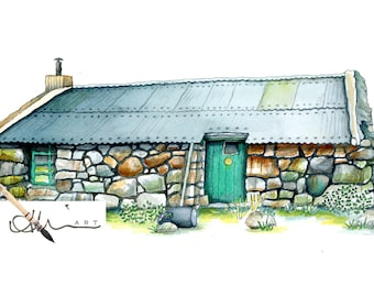 Uisinis framed bothy print, Scottish bothies, framed bothy art, wall art, Uist art