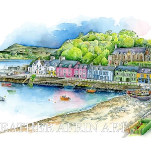 Portree Harbour grabado en montura, Isla de Skye, impresión en acuarela, arte escocés