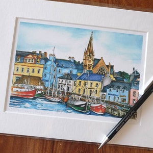Stornoway Hafen Aquarelldruck in Passepartout, Isle of Louis, Schottland Kunst