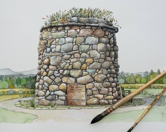Culloden Gedenkstätte Steinhaufen Aquarell Druck: Schottische Geschichtskunst