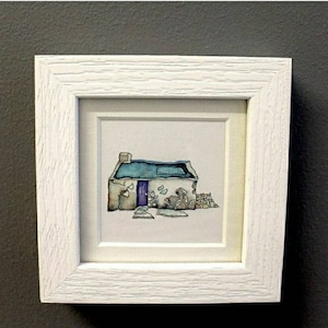May include: A watercolour painting of a small, white cottage with a blue roof and a purple door. The cottage is surrounded by a stone wall and a small garden.