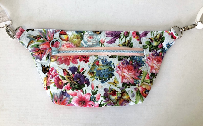 Hummingbirds Flowers and Butterfiles Day Pack Phone Pouch White Denim Lining and Pockets Adjustable Waist Strap Removable Strap