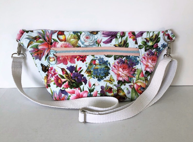Hummingbirds Flowers and Butterfiles Day Pack Phone Pouch White Denim Lining and Pockets Adjustable Waist Strap Removable Strap