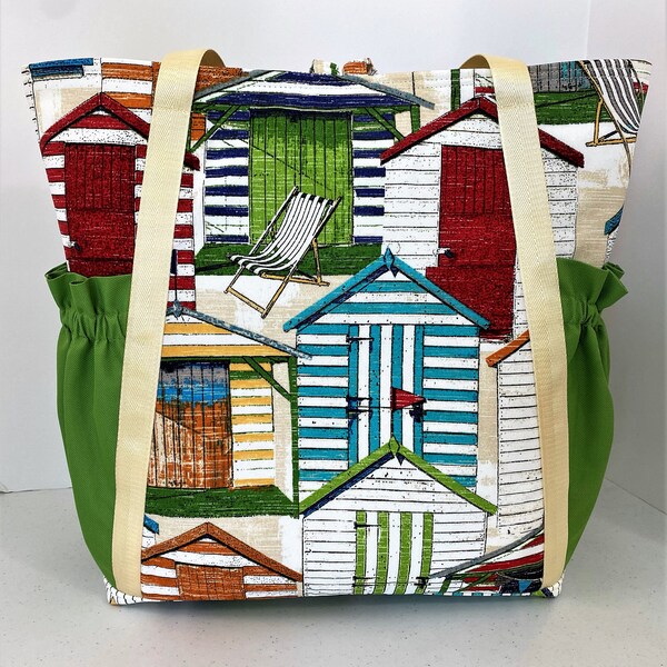 Beach Bag Motif, Weekender Bag, Lake Bag, Fully Lined, Beach Hut Fabric, Exterior and Interior Pockets, One-of-a-Kind, Ready to Ship