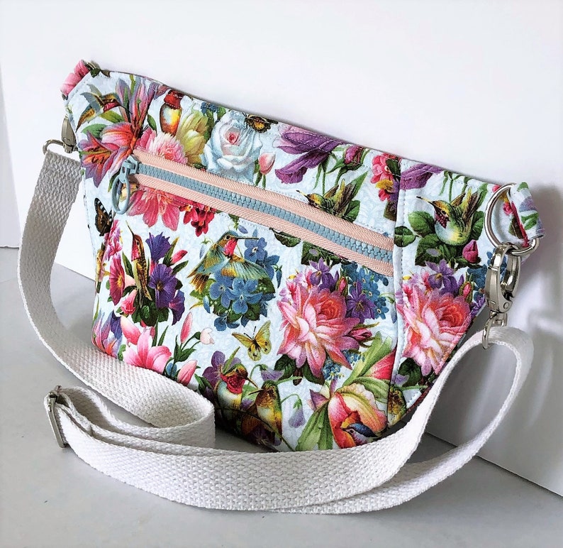 Hummingbirds Flowers and Butterfiles Day Pack Phone Pouch White Denim Lining and Pockets Adjustable Waist Strap Removable Strap