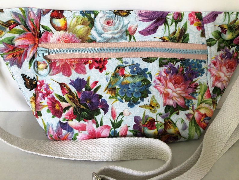 Hummingbirds Flowers and Butterfiles Day Pack Phone Pouch White Denim Lining and Pockets Adjustable Waist Strap Removable Strap