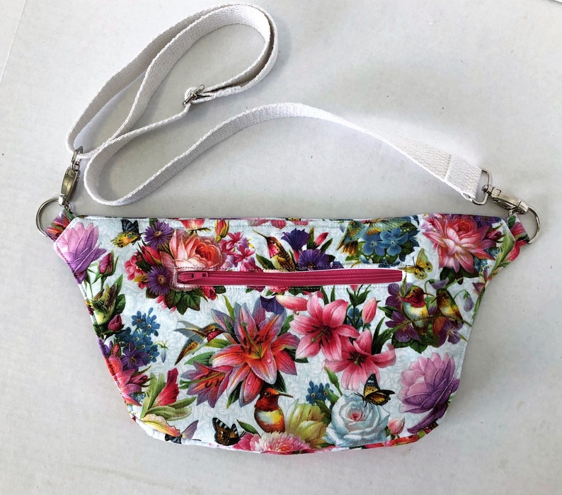 Hummingbirds Flowers and Butterfiles Day Pack Phone Pouch White Denim Lining and Pockets Adjustable Waist Strap Removable Strap