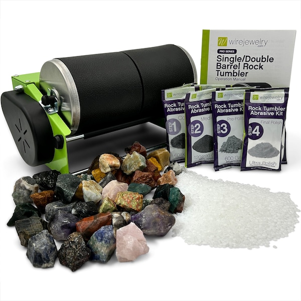 WireJewelry Pro-Series Double Barrel Rock Tumbler Kit - Includes 3 Lb of Gemstones of the World Stone Mix and 2 Batch Grit & Polish