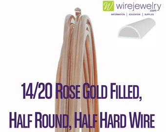 14/20 Rose Gold Filled, Half Round, Half Hard Jewelry Wire, Various Gauges & Lengths