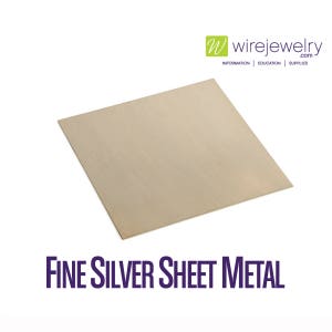 May include: A sheet of fine silver metal. The sheet is a light beige color and has a slightly textured surface.  The sheet is rectangular and is lying flat on a white background.  The text "FINE SILVER SHEET METAL" is printed in purple below the sheet.