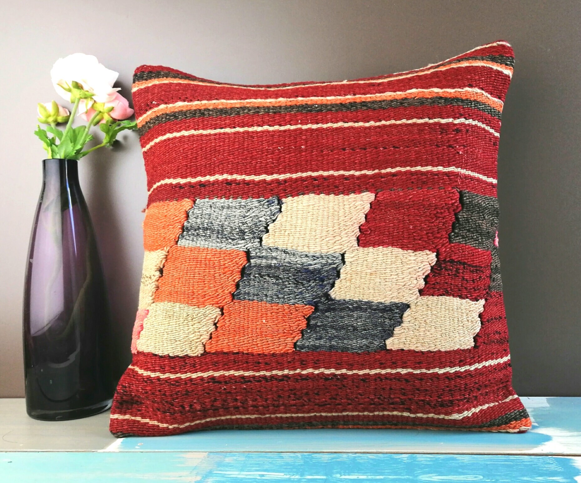 16x16 kilim almohada almohada de alfombra étnica decoración | Etsy