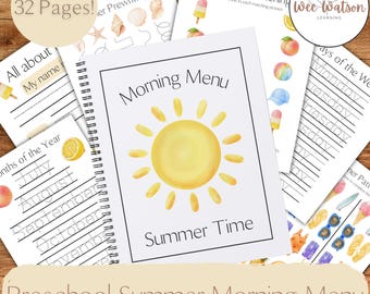 Preschool Summer Morning Menu Printable, 32 Activity Pages, Toddler Learning (Instant Download)