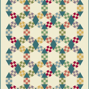 May include: A quilt pattern featuring a repeating geometric design. The pattern is made up of squares, diamonds, and triangles in shades of blue, green, yellow, red, and white.
