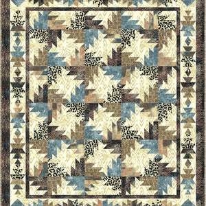 May include: A square patterned rug with a geometric design in shades of brown, beige, blue, and white. The rug features a central square with a repeating pattern of triangles and diamonds.