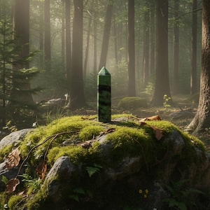 May include: A green, cylindrical stone pillar with a pointed, pyramid-shaped top and dark horizontal bands, standing upright on a moss-covered rock surface in a forest setting with tall trees and soft, diffused sunlight filtering through.