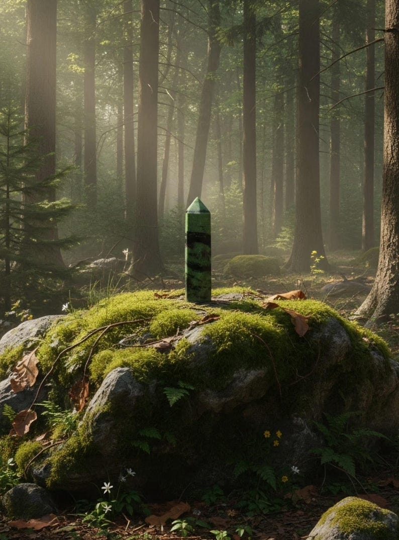 May include: A green, cylindrical stone pillar with a pointed, pyramid-shaped top and dark horizontal bands, standing upright on a moss-covered rock surface in a forest setting with tall trees and soft, diffused sunlight filtering through.