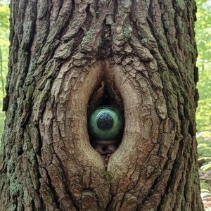 Puede incluir: Una esfera de cristal verde lisa con un centro circular oscuro descansa dentro de una cavidad natural en forma de almendra en la corteza rugosa y texturizada de un tronco de árbol marrón. El orbe se asienta sobre una base circular oscura.