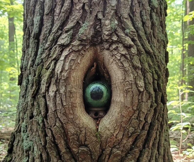 Pode incluir: Uma esfera de vidro verde lisa com um centro circular escuro repousa dentro de uma cavidade natural em forma de am&ecirc;ndoa na casca rugosa e texturizada de um tronco de &aacute;rvore castanho. O orbe est&aacute; posicionado sobre uma pequena base circular.