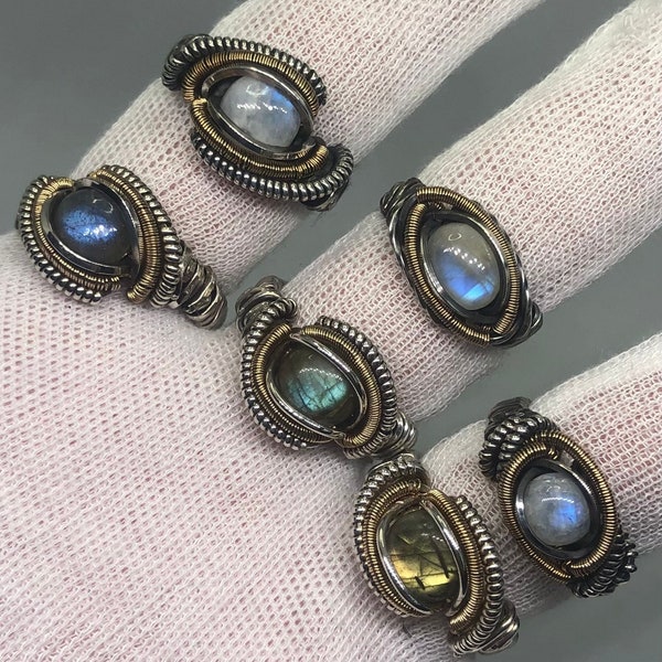 Heady Wire Wrap Ring / Moonstone / Labradorite / Sterling Silver & 14k gold /  Handmade Jewelry / Statement Rings / steampunk / witchy