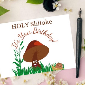 Holy Shitake c'est votre carte d'anniversaire, carte champignon drôle, carte de jeu de mots nourriture, carte de voeux végétalienne drôle, carte d'anniversaire végétarienne, respectueux de l'environnement