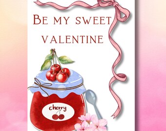 Cherry Jam Valentines Card: Coquette Bow, Food Pun, Recycled Cardstock