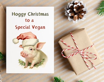 Fröhliche vegane Weihnachtskarte, Schwein-Weihnachtskarte, vegane Karte, Vintage-Weihnachtskarte, Retro-Schwein-Liebhaber-Karte, Hoggy-Weihnachtskarte, umweltfreundlich