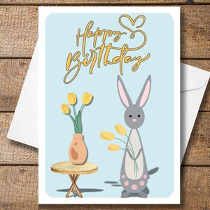 Biglietto di auguri floreale di buon compleanno, biglietto di auguri con coniglio carino A6, biglietto di auguri con fiori primaverili, biglietto di auguri con giardiniere, ecologico