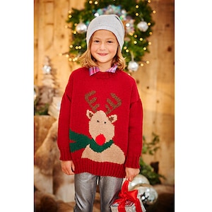 May include: A red knitted sweater with a reindeer design. The reindeer has a brown body, a red nose, and a green scarf. The sweater has long sleeves and a crew neck.