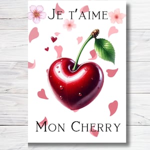 Je T'aime Mon Cherry Grußkarte, Valentinstagskarte, Jubiläumskarte, Food Pun Karte, Liebeskarte, A6 Umweltfreundliche Karte, Nachhaltige Karte
