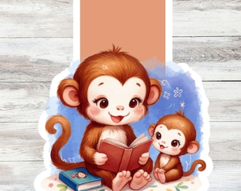 Marcapáginas magnético con mono leyendo, regalo ideal para niños amantes de la lectura.