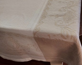 Vintage Cotton Jacquard Tablecloth- white with tan border