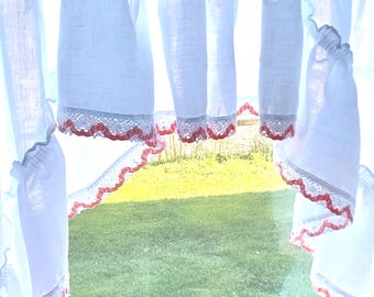 Vintage Cotton Ruffled Swag Pair with crocheted trim 39&quot;