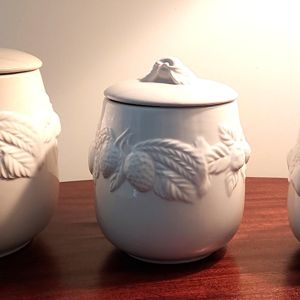 Vintage White Ceramic Canister set of 3-Fruit pattern