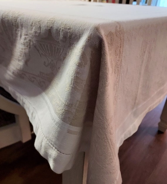 Vintage Cotton Jacquard Tablecloth White With Tan Border Etsy