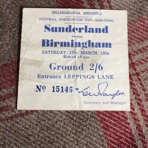 Rare football gift for him - 1956 FA Cup Semi Final match ticket - Sunderland v Birmingham - birthday gift  for him , Father&#39;s Day