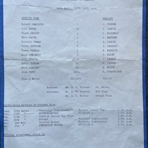 May include: A vintage program for an Ipswich Town Football Club match against Reading on April 16, 1977. The program lists the starting lineups for both teams, the referee and linesmen, and upcoming matches at Portman Road.