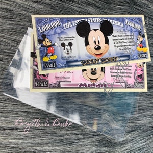 May include: Two novelty bills featuring Mickey Mouse and Minnie Mouse. The bills are yellow with blue and red accents. The bills are labeled "Mickey Mouse" and "Minnie Mouse" and feature the text "1,000,000 THE UNITED STATES OF AMERICA 1,000,000".