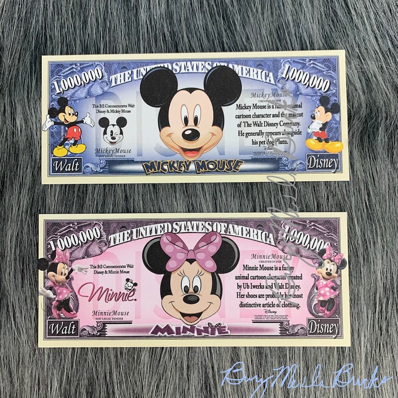 May include: Two $1,000,000 bills featuring Mickey Mouse and Minnie Mouse. The bills are yellow with a pink and blue border. The text on the bills reads "The United States of America" and "This bill commemorates Walt Disney & Mickey Mouse".