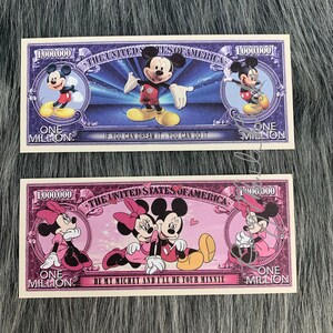 May include: Two novelty bills featuring Mickey Mouse and Minnie Mouse. The first bill is blue and features Mickey Mouse in a red and yellow outfit. The second bill is pink and features Mickey Mouse and Minnie Mouse in matching outfits. Both bills have the text "One Million" and "The United States of America".