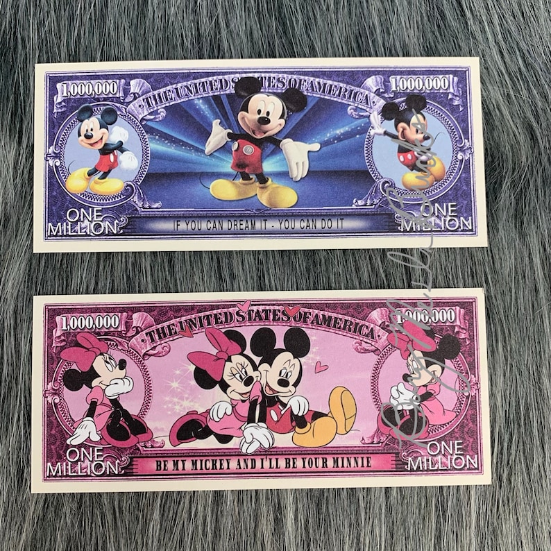 May include: Two novelty bills featuring Mickey Mouse and Minnie Mouse. The first bill is blue and features Mickey Mouse in a red and yellow outfit. The second bill is pink and features Mickey Mouse and Minnie Mouse in matching outfits. Both bills have the text "One Million" and "The United States of America".