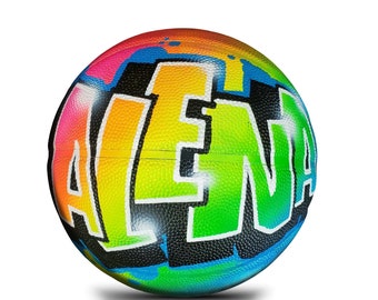 Custom Basketball Gift with Rainbow Background and Name Painted on Ball in Graffiti Art - Unique Basketball Sports Gift for Girl or Boy