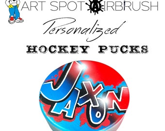 Custom Hockey Puck with Name in Airbrush Graffiti Spray Paint Art Unique and Great Hockey Gift for Hockey Player Coach Dad