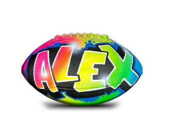 Football Painted in Rainbow Design Personalized with Name in Custom Airbrush Graffiti Art  - Custom Football Gift for Her or Him