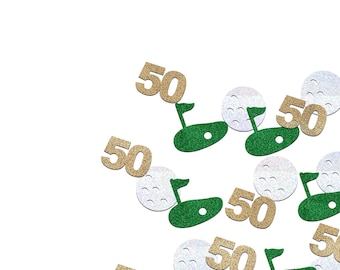 Puede incluir: Confeti dorado con el número "50" y temática de golf sobre fondo blanco. El confeti incluye pelotas de golf blancas y elementos verdes de campo de golf con banderas. Este diseño festivo es adecuado para una celebración de 50 cumpleaños con temática de golf.