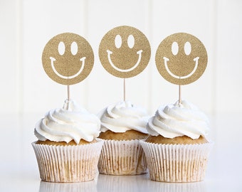 Smiley Face Cupcake Toppers, Smiley Face Birthday Decorations, Retro Birthday Decor, Groovy Birthday Party Supplies