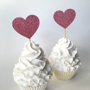 Heart cupcake toppers, pink glitter heart toothpick, 2 inch heart, wedding cupcake topper, engagement party decoration, bridal shower cupake