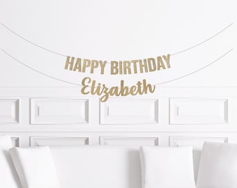Personalized Happy Birthday Gold Glitter Banner / Custom Name Script Glitter Sign / Custom Name / First Birthday / Reusable Paper Decor for