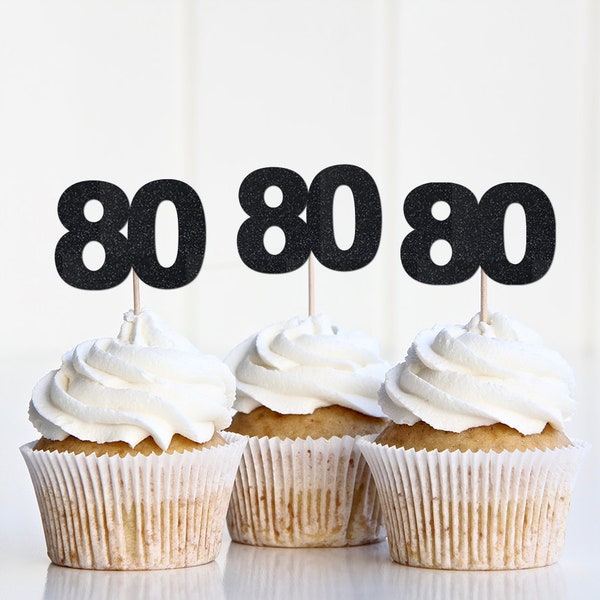 80th Birthday Cupcake Toppers, Number 80 Cupcake Decorations, Eightieth Birthday Decor, Anniversary Eighty Party Supplies