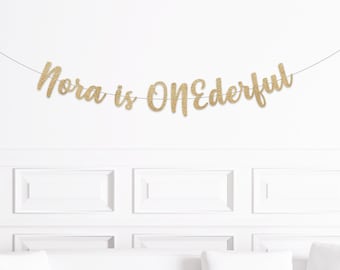 Personalized Is Onederful Cursive Party Banner / Gold Glitter Boys Girls First Birthday Sign  Decorations Name Custom / Mister One derful Mr